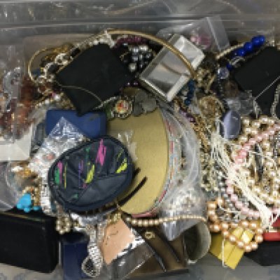 A large box of mixed jewellery including necklaces, Masonic medals, brooches, earrings. postage category C