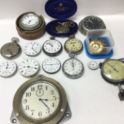 A collection of pocket watches including W.Flinn & Son, Howard, Champion, Smiths and pocket watch movements. Postage category B