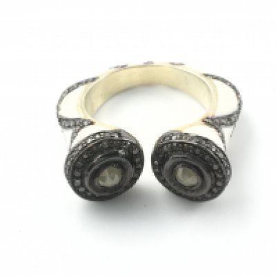 White enamel and rose cut diamond torc ring. Size M. Postage A