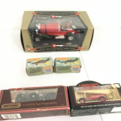 A pair of boxed vintage Matchbox 75 jet planes 2. S2 jet. Also includes Burago boxed Mercedes 1928 SSK. Plus 2 other boxed cars by matchbox and Lledo. No reserve