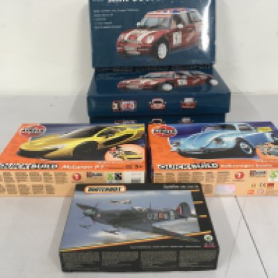 A group of 6 boxed model kits by Airfix &hellip;Matchbox&hellip;Marks and Spencer&rsquo;s featuring cars and Spitfire. All appear unstarted. No reserve