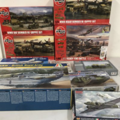 A collection of unstarted boxed plastic model kits by Airfix..Italeri..Emhar etc. features military aircraft and vehicles. No reserve