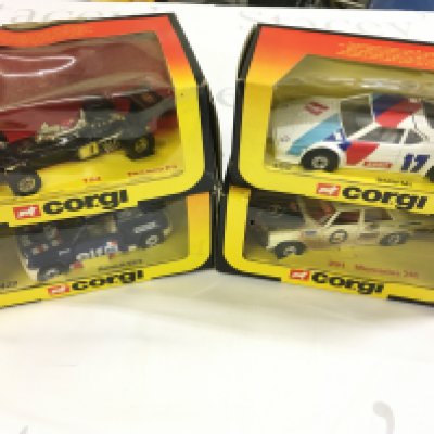 4 Boxed Corgi Diecast Including Texaco F1 #154. A Renault Elf 5 #422. A BMW M1 #420 And A Mercedes 240 #291.