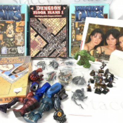 A Collection of Warhammer Dungeon Floorplans. Figures. A Rare 1982 Dungeons And Dragons Shambling Mound figure. A Inkworks Charmed Season 1 Trading Cards (Limited Edition). A Final Fantasy Resin Kit and A Games Workshop Case. A Small collection of Warhammer Figures Etc.