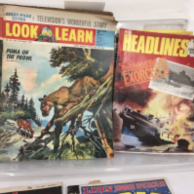 A collection of approximately 100 assorted weekly comics and magazines including Beano..Look and Learn..Headlines..Maple Town.. War Picture Library plus many other titles. No reserve.