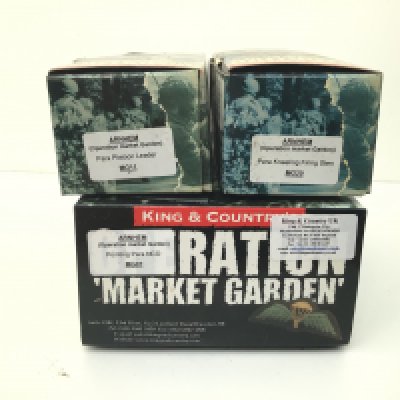 3 boxed King and Country Minature Military models from the Arnhem series featuring Operation Market Garden includes MG 07 Pointing Para NCO..MG11 Para Platoon Leader..MG20 Para Kneeling firing Sten. no reserve.