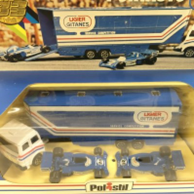 A Boxed Polistil Fiat F1 Transporter with 2 Ligier Gitanes Cars.