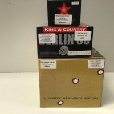 3 x boxed King and Country Minature Military models featuring German For es. Includes WSS101 Transporter. WSS283 Coastal gun Radioman kneeling..LAH99. Hitler and his dog. No reserve