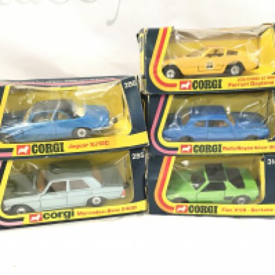 5 Boxed Corgi Diecast Vehicles. A Jaguar XJ12C #286. A Ferrari Daytona #324. A Mercedes-Benz 240D #285 A Rolls Royce Silver Shaddow #280 And A Fiat X1/9-Bertone #314.