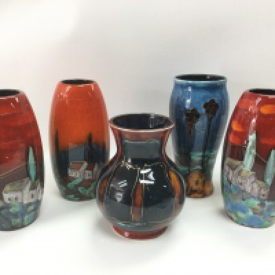 Five Anita Harris vases comprising limited edition examples and a trial vase, signed to base. Tallest approx 18cm. Shipping category D.
