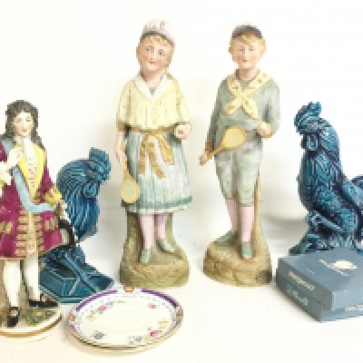 A collection of various ceramics including Inarco Roosters, boxed small wedgewood dishes, bisque figures, German 19th century style figure etc. This lot cannot be posted