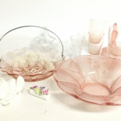 A collection of clear and pink cut glass including a kingfisher bowl, Royal Osborne elephant figure. This lot cannot be posted- NO RESERVE