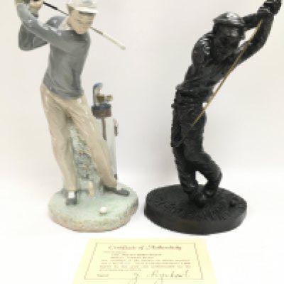Two golfing figures including a Jeanne Rynhart limited edition coldcast bronze figure titled Practise Makes Perfect with certificate of authenticity and a Lladro golfer figure. This lot cannot be posted