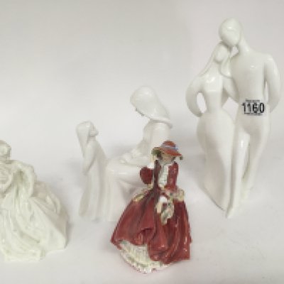Two modern white glazed Doulton figures one other figure and Top of the Hill Doulton figure (4)
