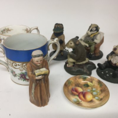 A Worcester candle snuffer in the form of a monk a hand painted Worcester dish Coalport resin figures and two Victorian two handled mugs.