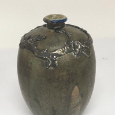 An interesting modern design contemporary art vase mounted with silver. Signed base Hight 16cm