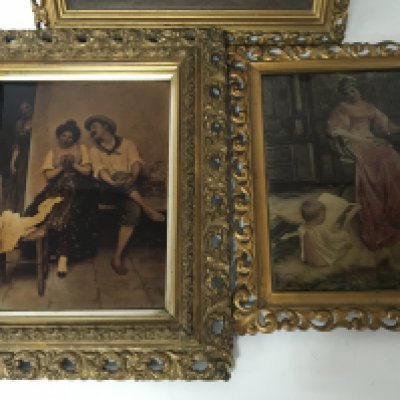 Three late Victorian Crystalline pictures figures in an interior with dogs. (3)
