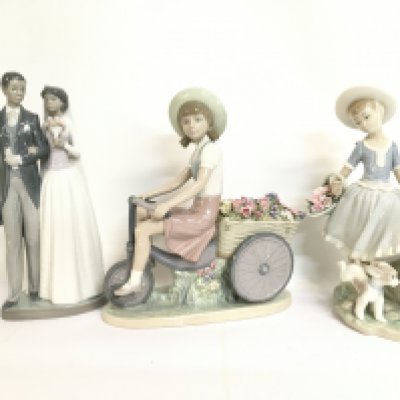 Boxed Lladro figures including Girl with flowers in tow, Country Lass and Wedding Day. Approx 28cm tall. No obvious damage or restoration This lot cannot be posted