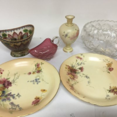A pair of Worcester porcelain dishes hand painted with flowers a vase (chip to the base) a cut glass bowl a cranberry glass jug and a modern enamel basket (6)