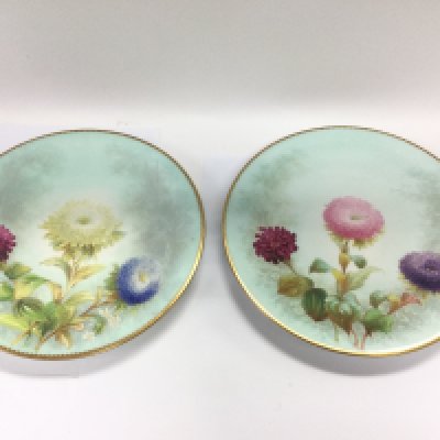 Two Royal Worcester hand painted cabinet plates with floral decoration on a light blue ground, approx diameter 24cm. Shipping category D.