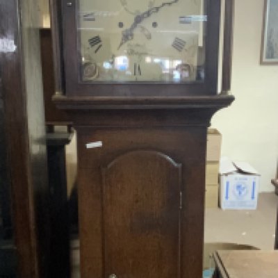 Early oak grandfather clock painted dial Thomas Smith, Ridgewell. 212cm. NO RESERVE
