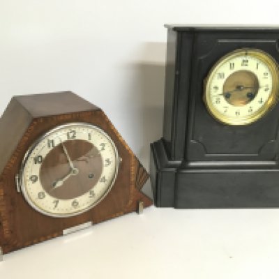 Mantle clocks including a slate clock and a wooden clock with inlaid design. NO RESERVE