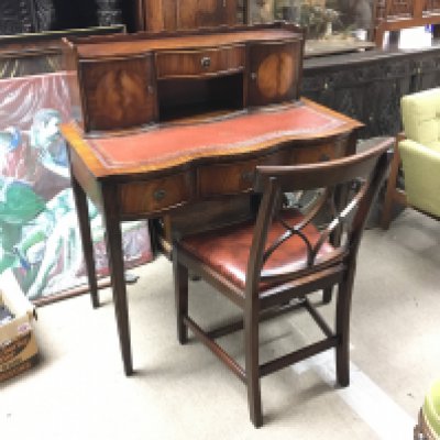 A reproduction Mahogany ladies writing desk and chair with red leather and inlaid design 46x94x118cm