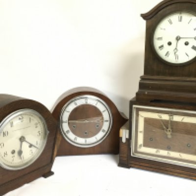 Oak Mantle clocks including Alexander Clark, Westminster clock company etc. A small barometer This lot cannot be posted