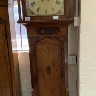 A Victorian oak cased grandfather clock, painted dial. (Pendulum no weights).
