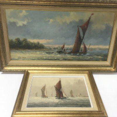 A Colin Moore Thames Barge painting and another small Colin Moore example. 60x35cm 34x26cm Postage D