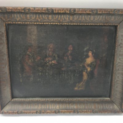 A small 18th century oil painting on panel of figures in an interior. 24x19cm approximately.