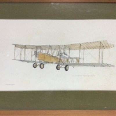 A framed and glazed watercolour, pen and ink drawing of a Vickers Vimy aeroplane, approx 80cm x 54cm. Shipping category D.