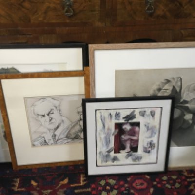 A collection of framed sketches, watercolours including still life, caricatures etc. 36x36, 55x63cm This lot cannot be posted- NO RESERVE
