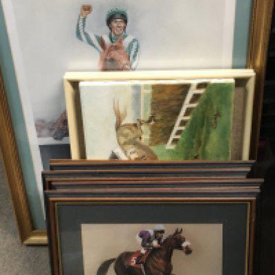 A collection of racing prints and oil on canvas paintings including prints by N.W Brunyee