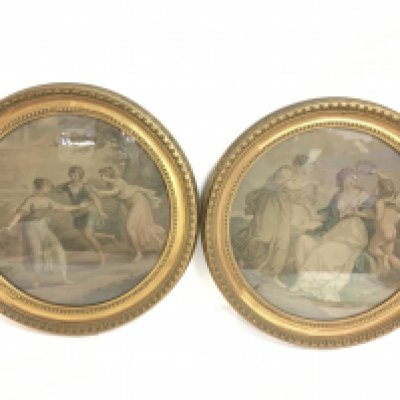 A pair of 19th century classical style circular framed engraving scenes, 35cm in diameter. This lot cannot be posted