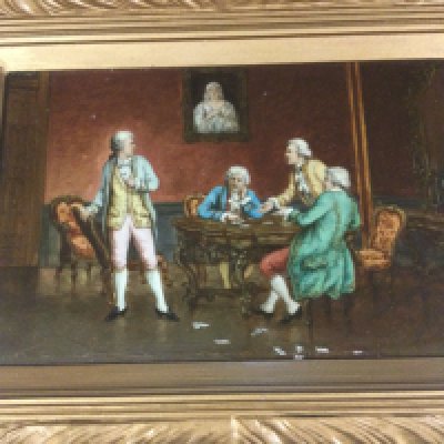 A pair of oil painting on board depicting period interior views . And two portraits .