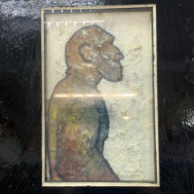 A large acrylic painting titled The Neanderthal man, monogram GL 2K ( Graham Leighton 2000). 56.5cm x 43.5cm ( Catagory D).