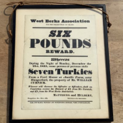 An antique poster framed&hellip; Six Pound Reward, West. berks Association.
