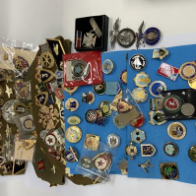 A large collection of vintage badges and pins. (B)