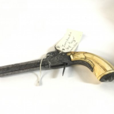 An drop trigger percussion pistol with an applied ivory grip. - We can confirm a self declaration has been registered for the item reference: DKYKQ4MU