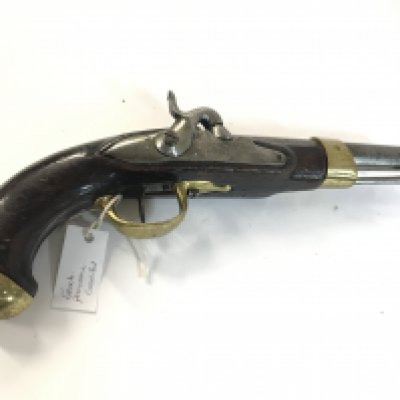 A French brass percussion pistol converted, with various different markings on different parts of the pistol.