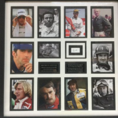 A framed snd glazed display of British F1 legends including a signature by Sir Stirling Moss, approx 67cm x 67cm. Shipping category D.- NO RESERVE