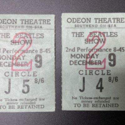 2 original ticket stubs for The Beatles Show, at the Odeon Theatre, December 9th, 2 performance 8.45.