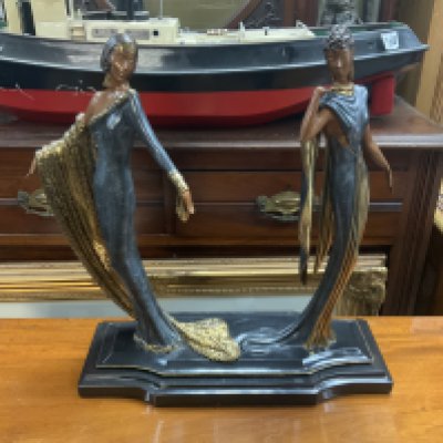 A cold painted bronze sculpture from Erte (Romain De Tirtoff 1892-1990): Duetto design, Stamped on reverse. AP (Artist Proof) 11/12 copyright 1989, Sevenarts Ltd London. 43cm x 48cm x 18.5cm.