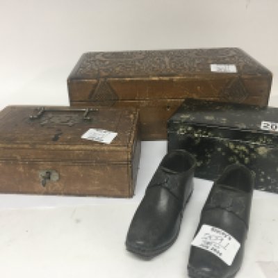 A pair of Victorian leather child's shoes a leather bound Vintage jewellery box with key and two other boxes. NO RESERVE