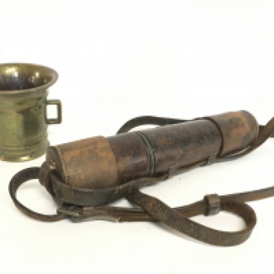An antique bronze mortar and a leather cased two drawer telescopE- NO RESERVE