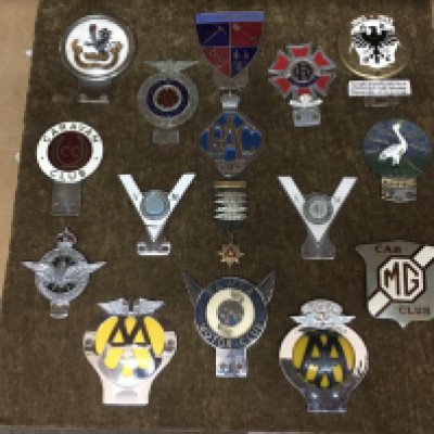 A mounted display of 15 vintage car badges, some rare and some club badges