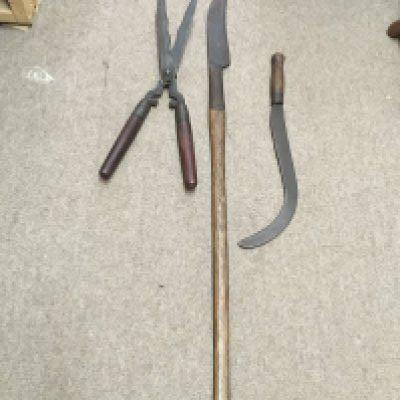 Garden tools including a pair of unusual early shears