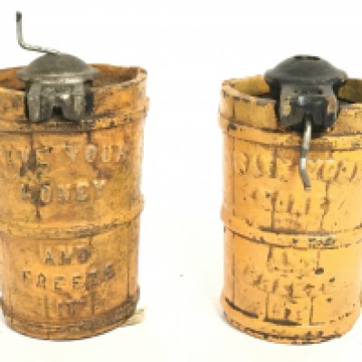 A pair of vintage cast iron ice cream churns, Save Your Money and Freeze it. Approximately 10cm high. Postage category B