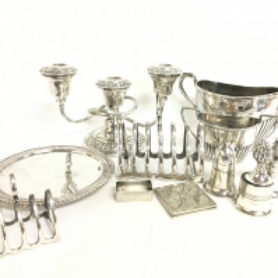 A collection of silver plate and silver napkin, postage category C